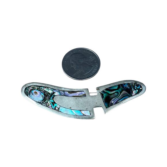Alpaca Nickel Silver Abalone Shell Abstract Brooch, Vintage 1970s Mexican Pin - Picture 2 of 5